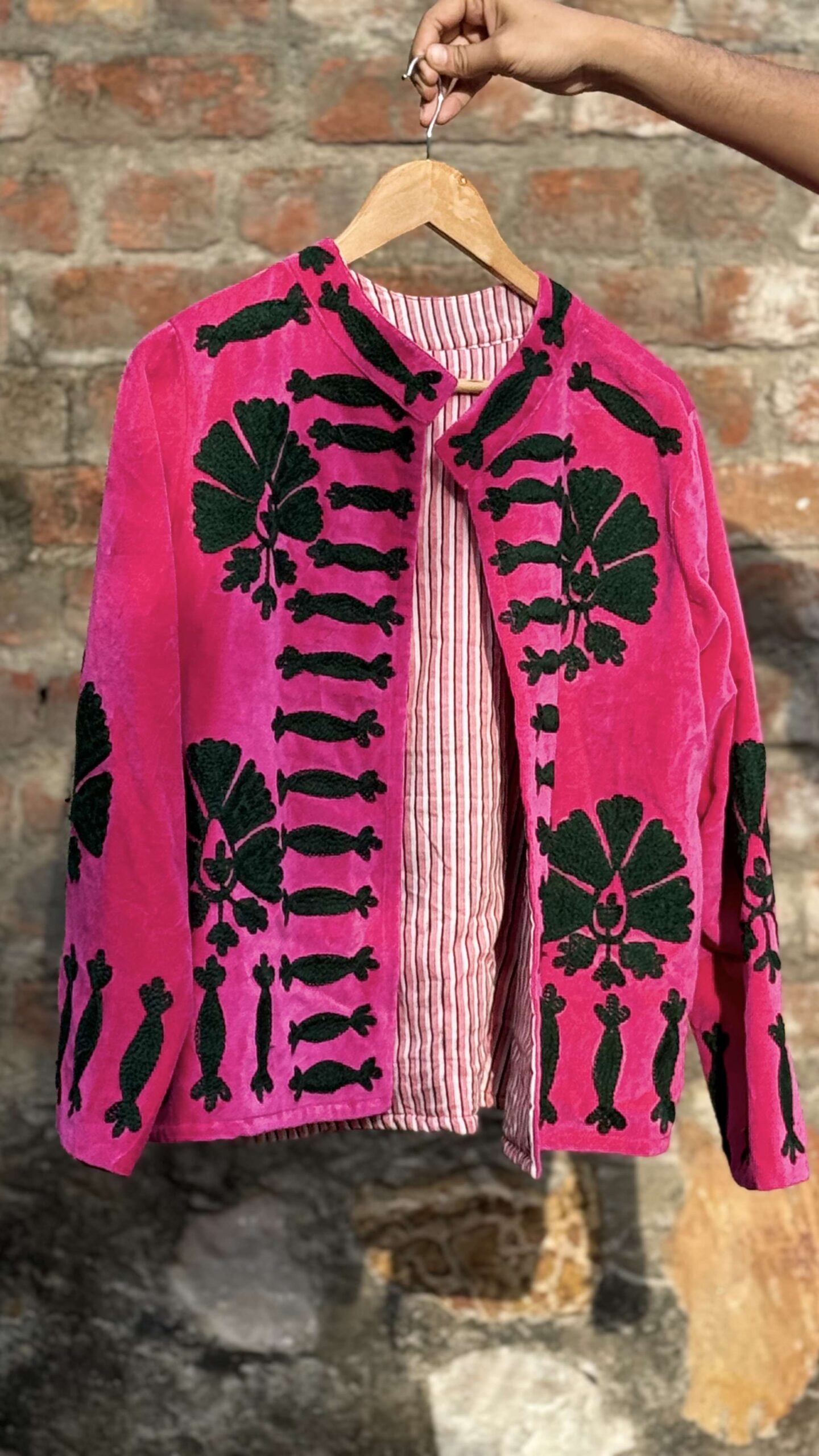 Womens Pink Velvet Embroidered Jacket with Floral Design - Image 3