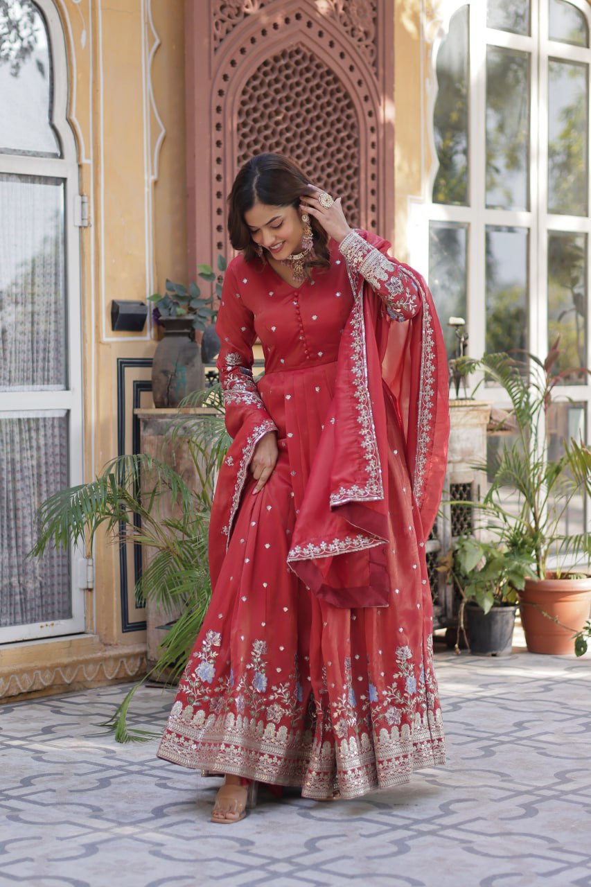 Women's Festive Rust Red Anarkali Gown with Intricate Silver Zari & Sequin Embroidery β Complete with Embroidered Dupatta - Image 5