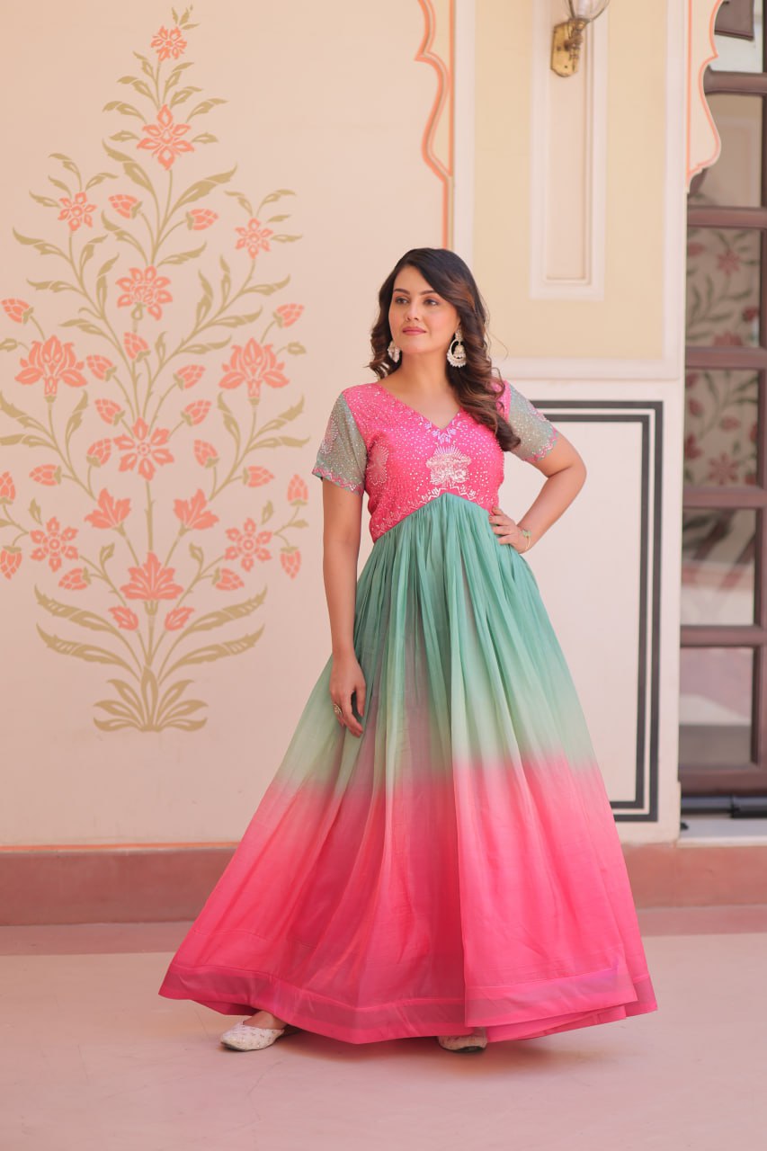 Women's Dual-Tone Ombre Gown in Candy Pink & Aqua Green with Embroidered Bodice β Festive & Contemporary Wear - Image 4